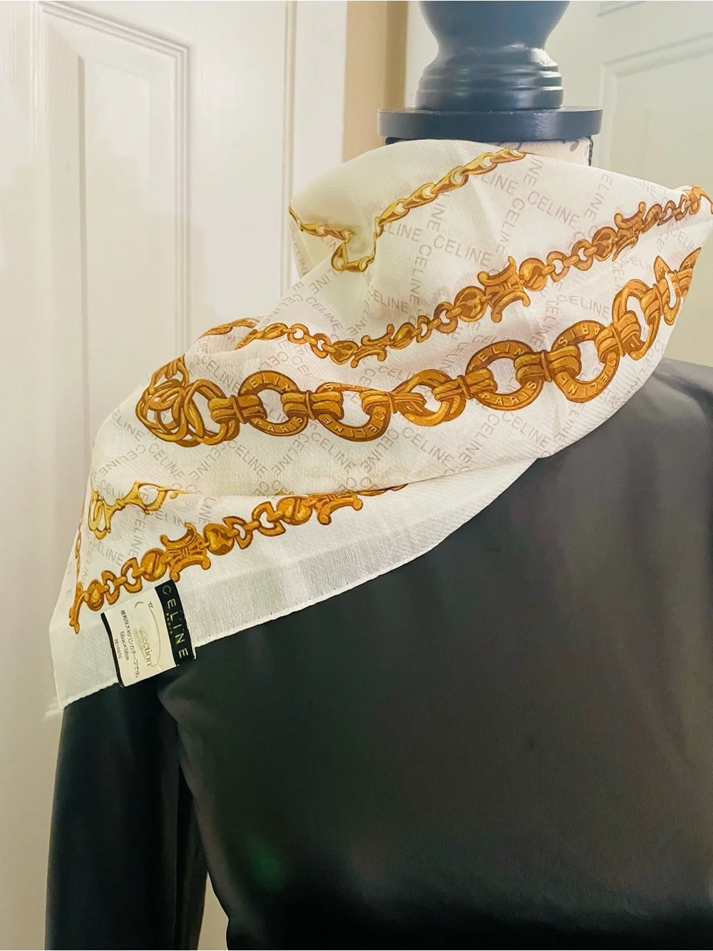 Celine White & Gold Chain Motif Silk Scarf